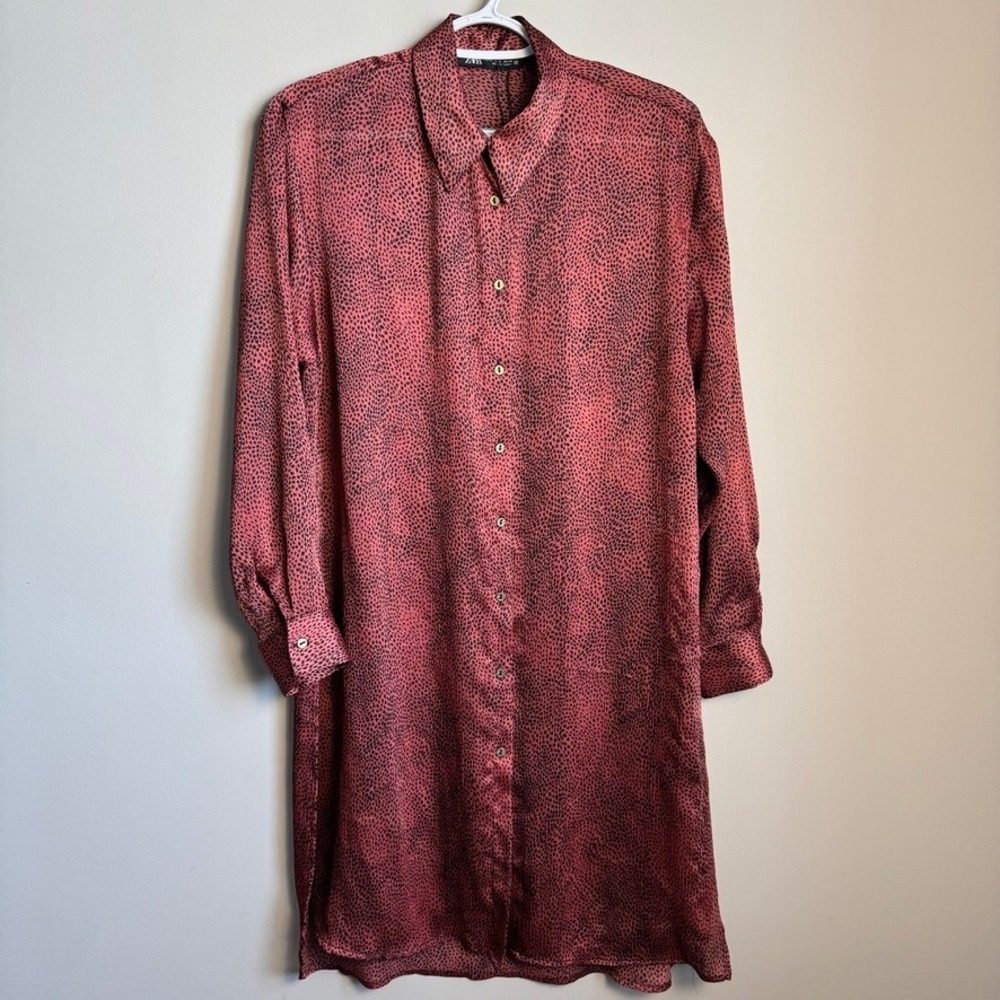 Zara Leopard Print Semi-Sheer Button Up Shirt Dress Rusted Pink Size Small Satin